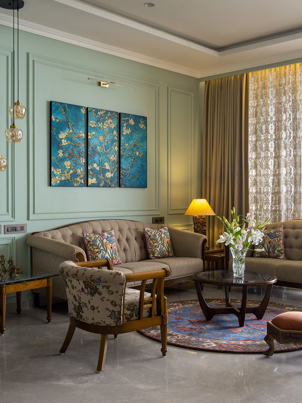 Living room layered with Kashmiri walnut furniture and family heirlooms, A Tapestry of Nostalgia, Pune